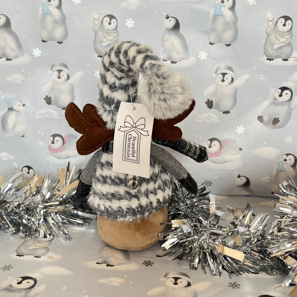 Plush Gray and white patterned Christmas Reindeer