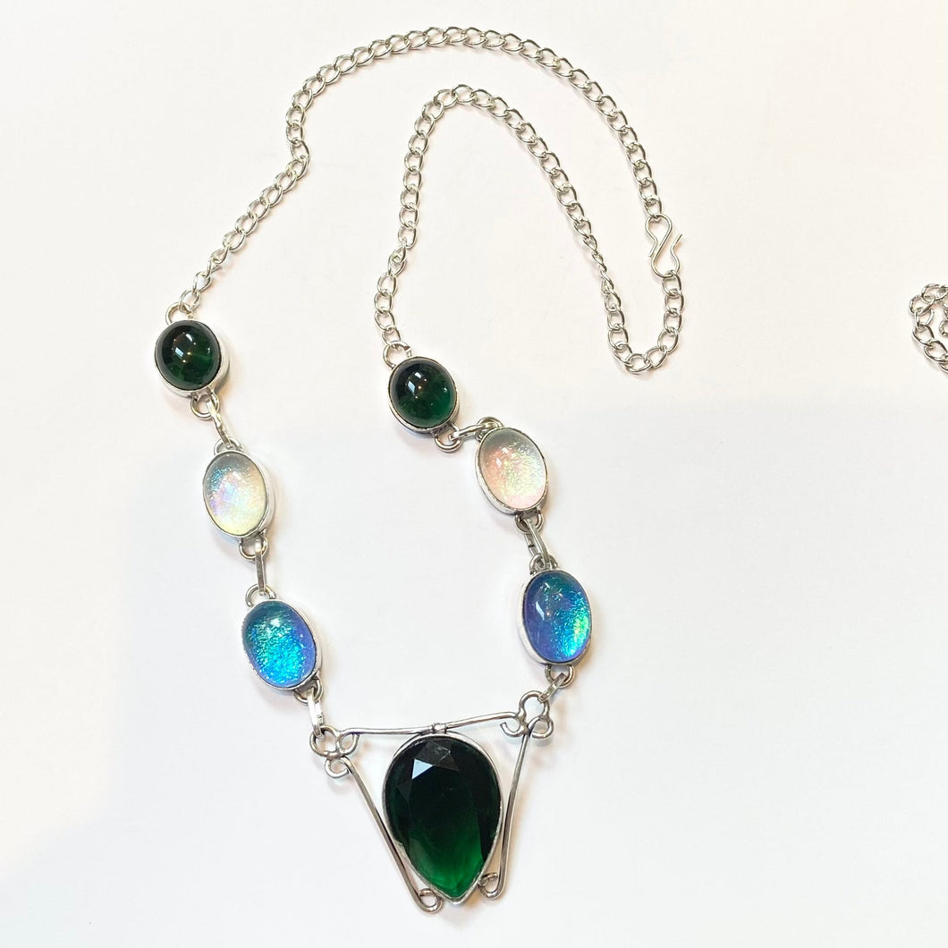 Deep Green Pendent with Glass Beads Sterling Silver Overlay Necklace