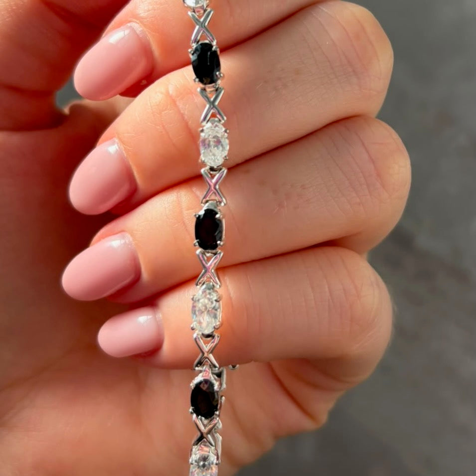 Sterling Silver 925 XOX with Black and Clear Cubic Zirconia Gemstones Tennis bracelet.