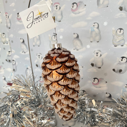 Large BROWN ICED GLASS PINECONE HANGING ORNAMENT