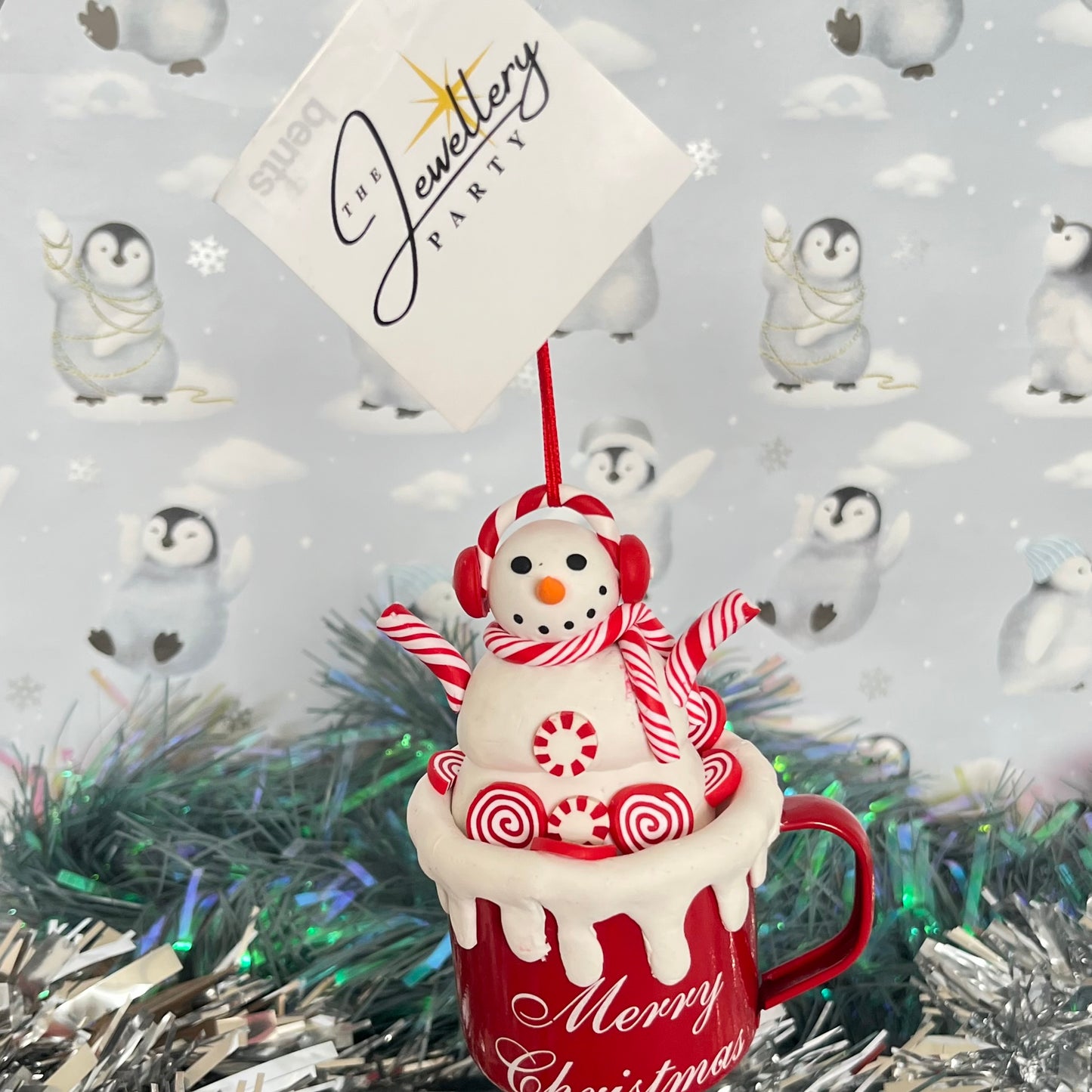 festive handmade claydough snowman hot chocolate mug Christmas tree decoration