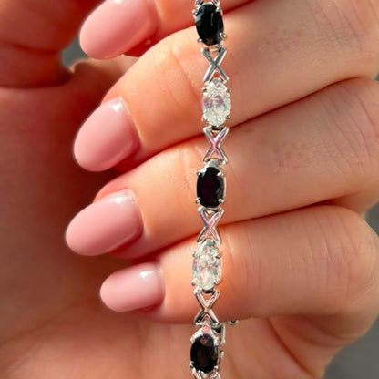Sterling Silver 925 XOX with Black and Clear Cubic Zirconia Gemstones Tennis bracelet.