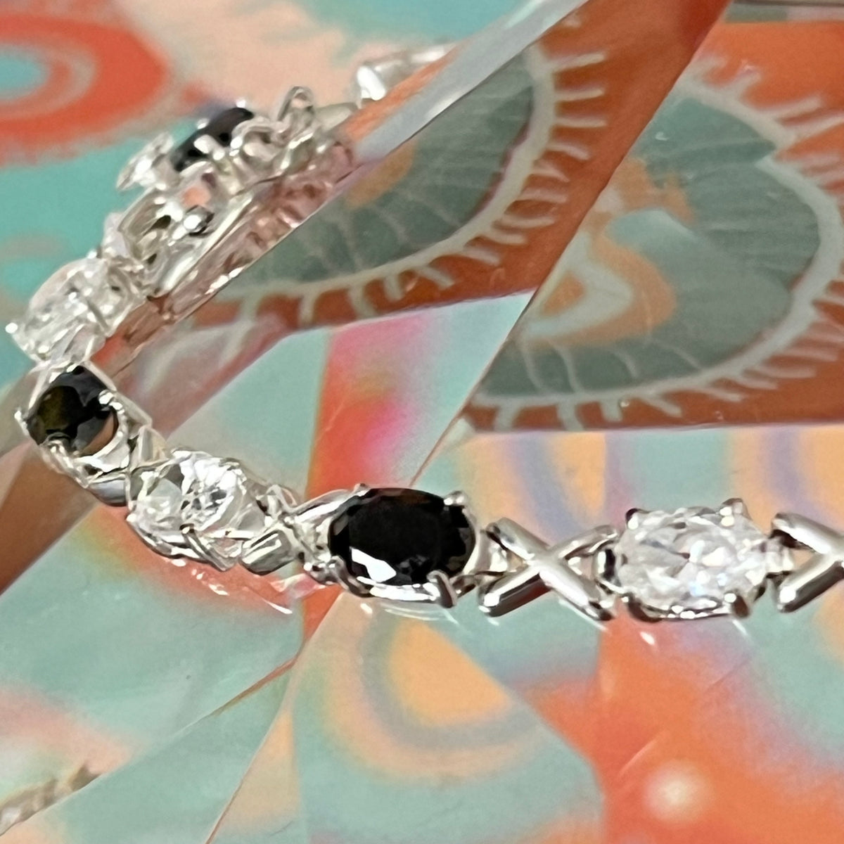 Sterling Silver 925 XOX with Black and Clear Cubic Zirconia Gemstones Tennis bracelet.