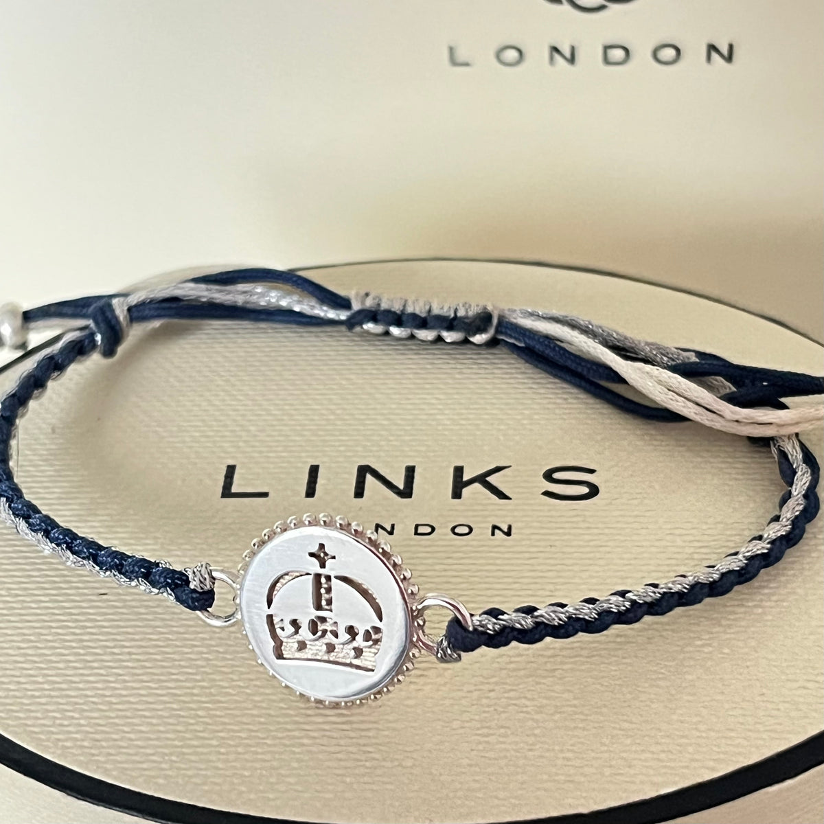 Links of London Sterling Silver Ascot Bracelet with a Navy and Silver Cord.