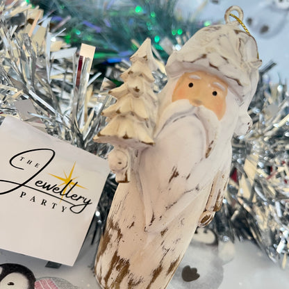 Natural  Distressed Effect Carved Santa hanging ornament holding a Christmas tree