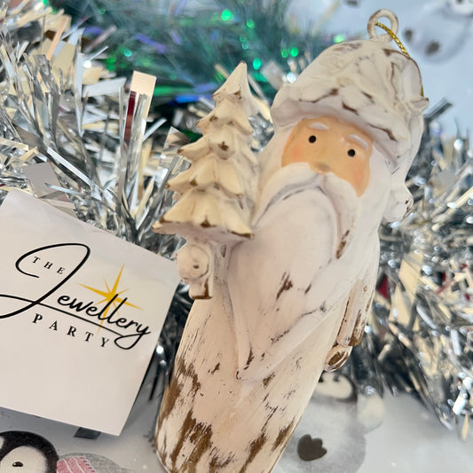 Natural  Distressed Effect Carved Santa hanging ornament holding a Christmas tree