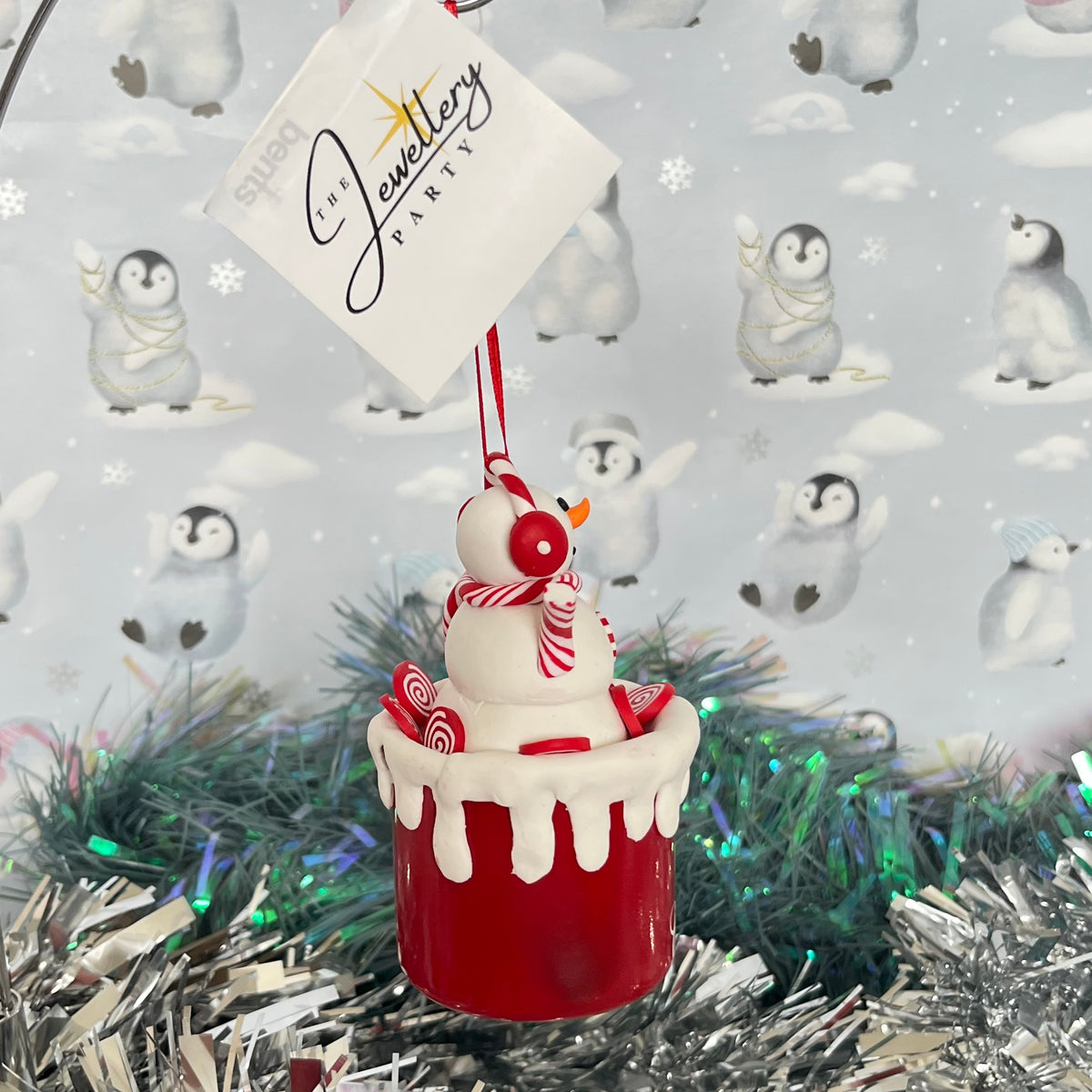 festive handmade claydough snowman hot chocolate mug Christmas tree decoration