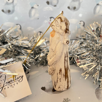 Natural Distressed Effect Carved Santa hanging ornament holding a festive wreath