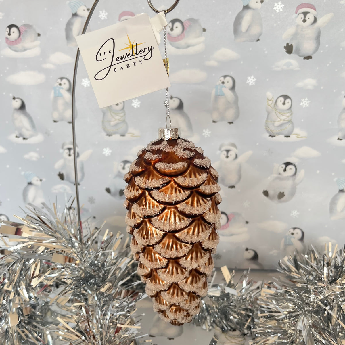 Large BROWN ICED GLASS PINECONE HANGING ORNAMENT