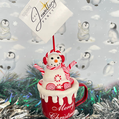 festive handmade claydough snowman hot chocolate mug Christmas tree decoration
