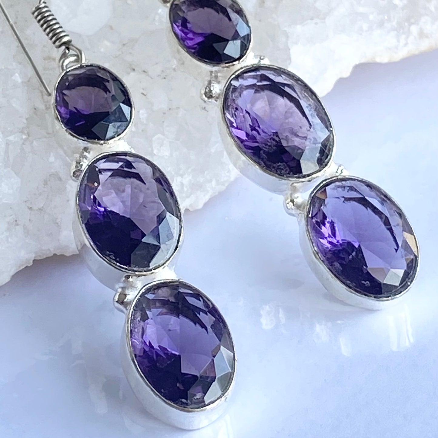 Purple Faceted Gemstone silver plated Earrings