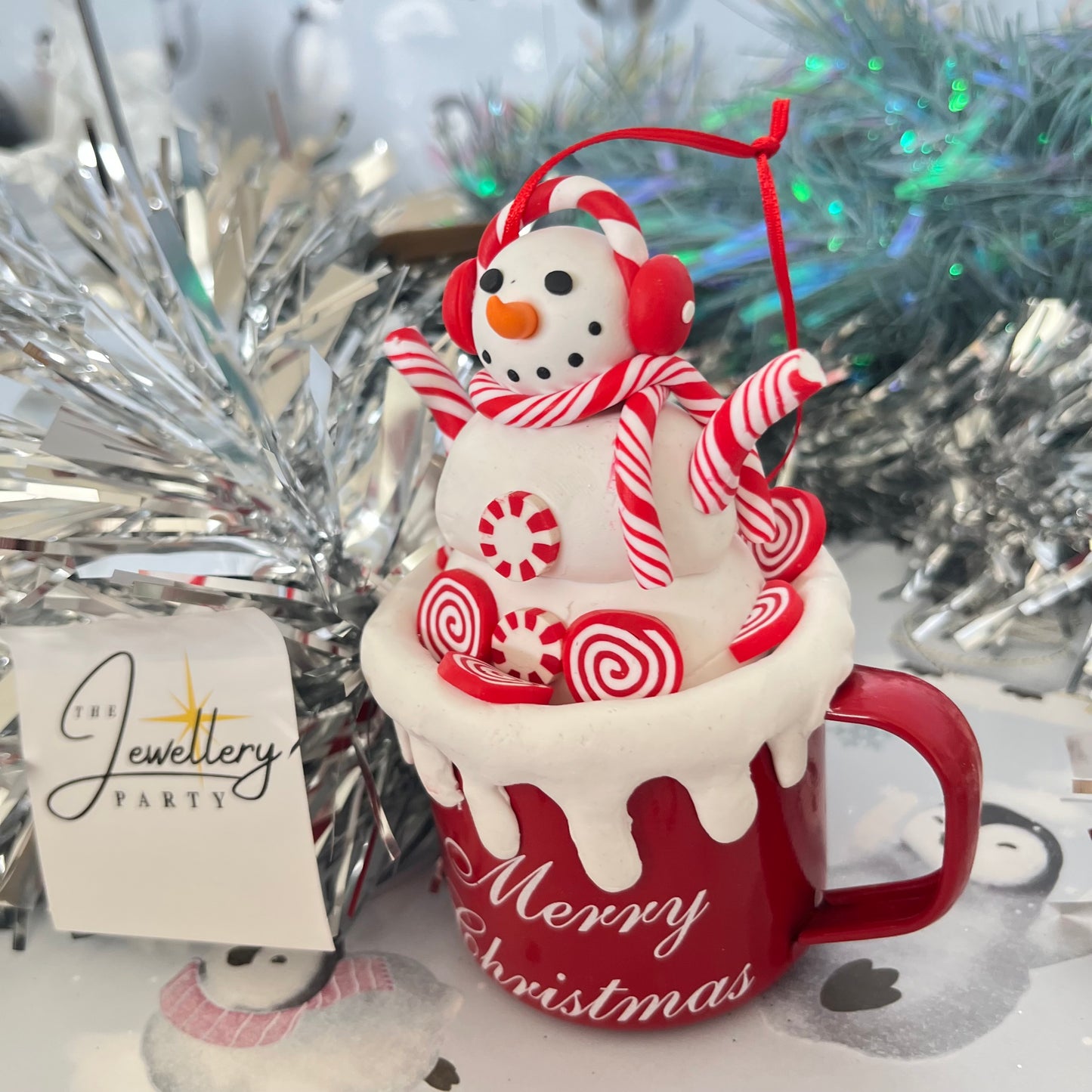 festive handmade claydough snowman hot chocolate mug Christmas tree decoration
