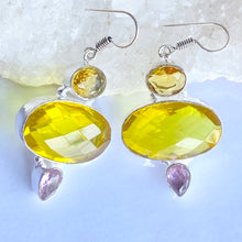 Load image into Gallery viewer, Yellow and purple Faceted Silver plated Gemstone Earrings
