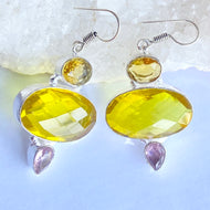 Yellow and purple Faceted Silver plated Gemstone Earrings