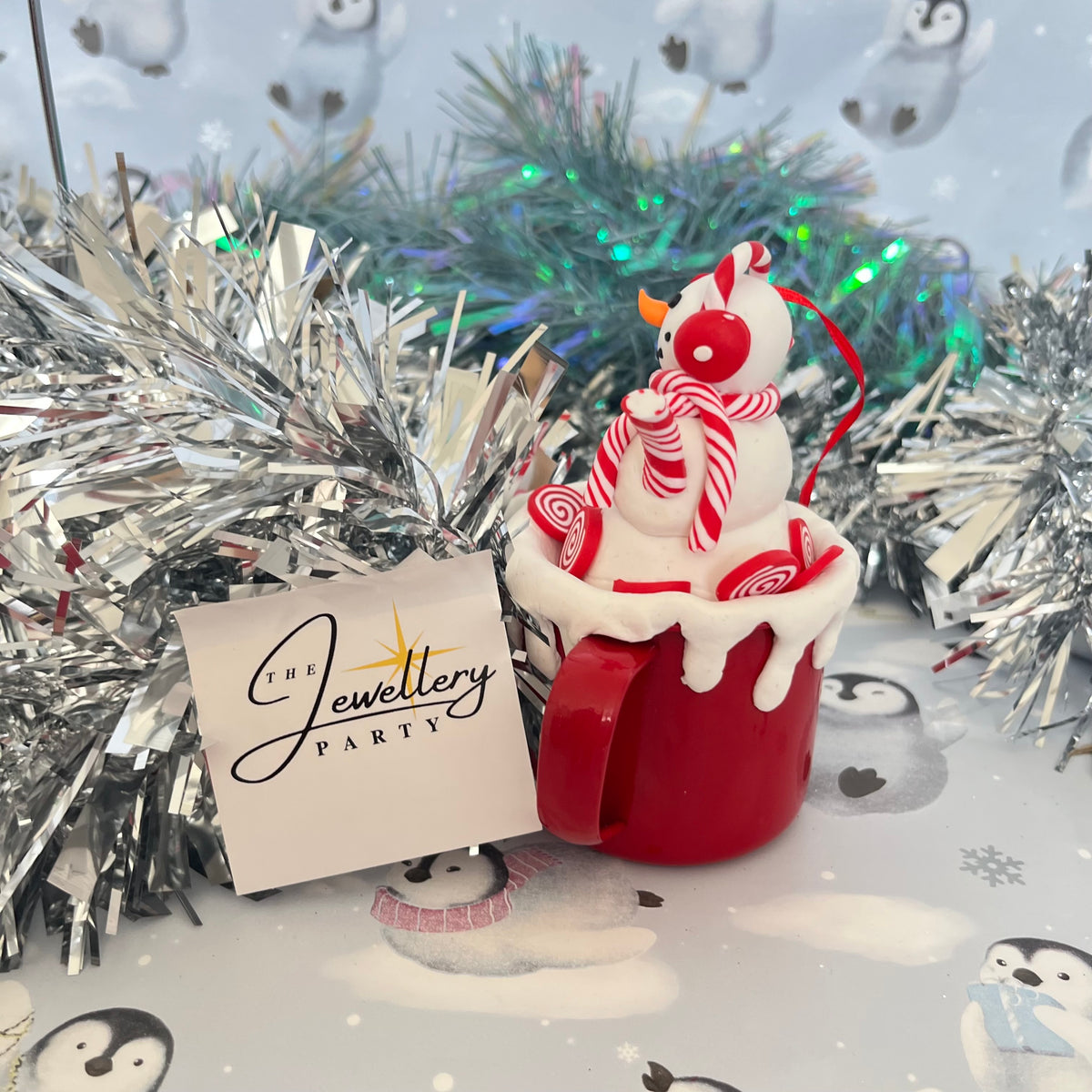 festive handmade claydough snowman hot chocolate mug Christmas tree decoration