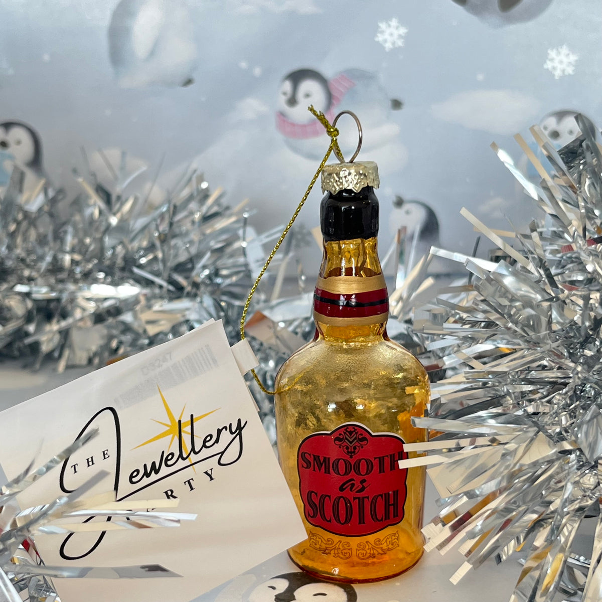 Kurt S. Adler "Smooth as Scotch" glass miniature bottle Christmas tree ornament