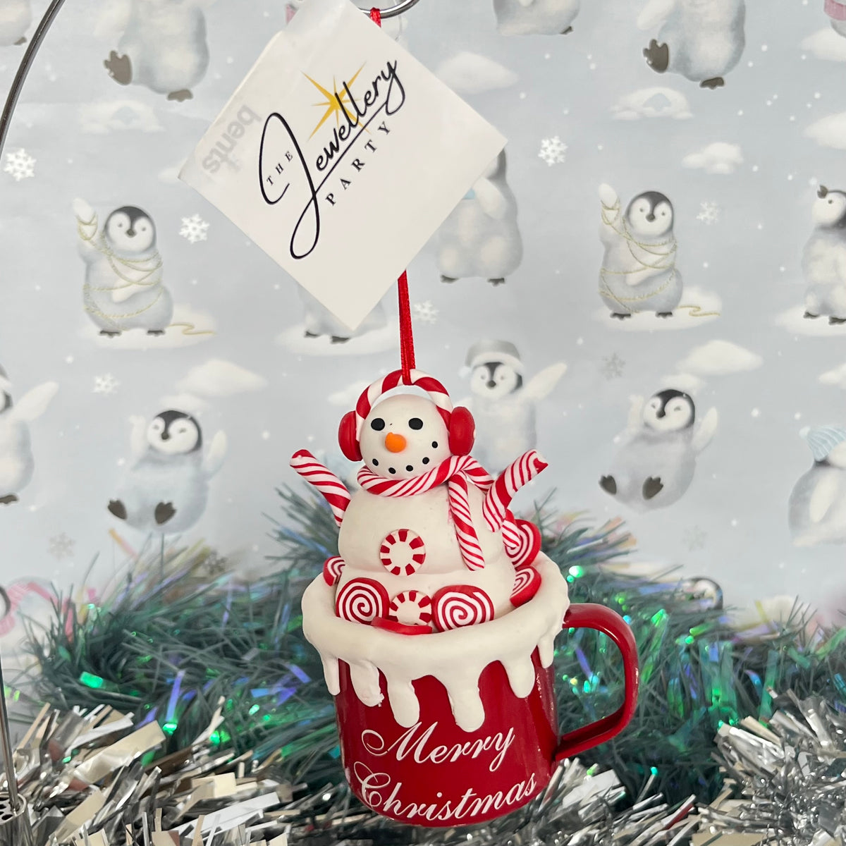 festive handmade claydough snowman hot chocolate mug Christmas tree decoration