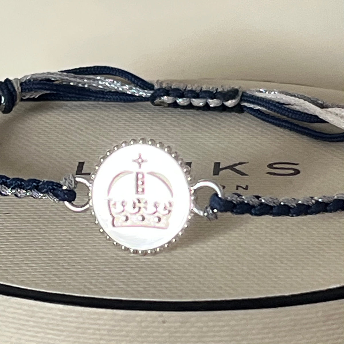 Links of London Sterling Silver Ascot Bracelet with a Navy and Silver Cord.