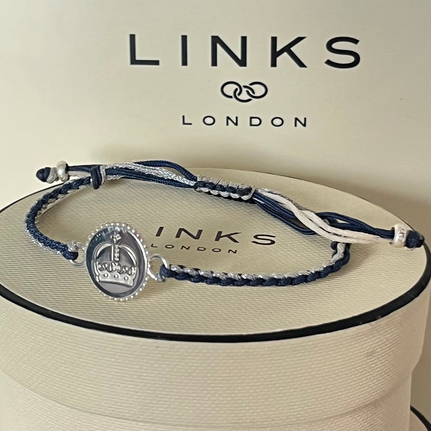 Links of London Sterling Silver Ascot Bracelet with a Navy and Silver Cord.