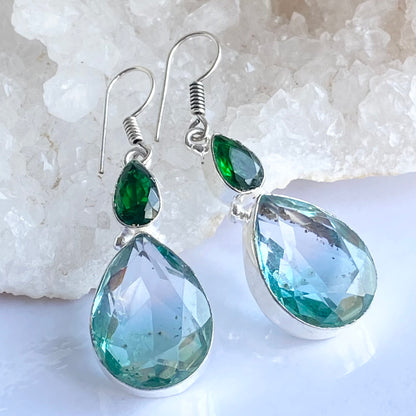 Pale Blue and Green Gemstone silver plated Earrings