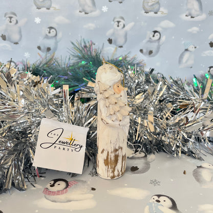 Natural  Distressed Effect Carved Santa hanging ornament holding a Christmas tree