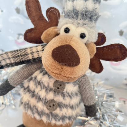 Plush Gray and white patterned Christmas Reindeer