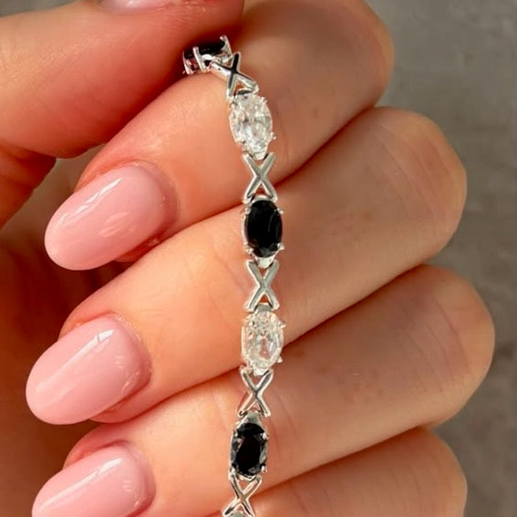 Sterling Silver 925 XOX with Black and Clear Cubic Zirconia Gemstones Tennis bracelet.