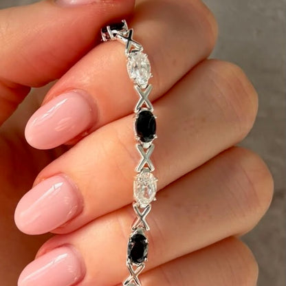 Sterling Silver 925 XOX with Black and Clear Cubic Zirconia Gemstones Tennis bracelet.