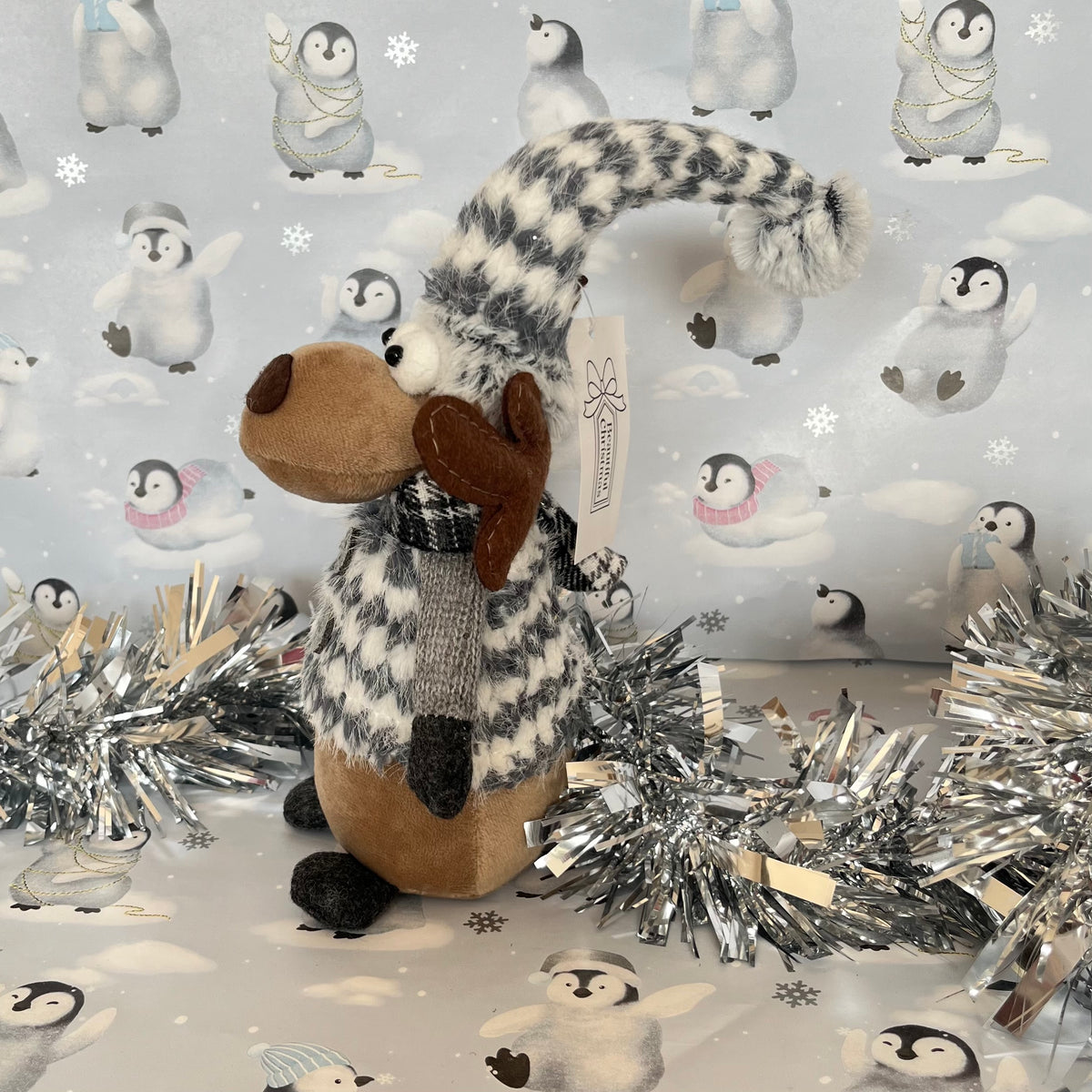 Plush Gray and white patterned Christmas Reindeer