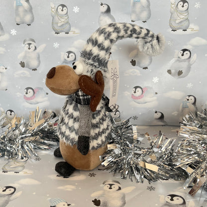 Plush Gray and white patterned Christmas Reindeer