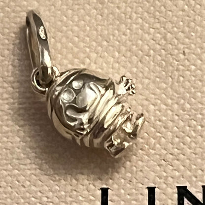 A sterling silver charm shaped like a stylized frog, featuring a polished bail at the top, resting on a textured beige surface.