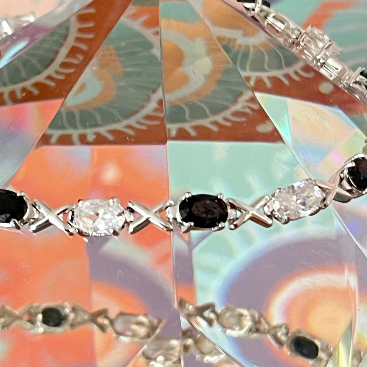 Sterling Silver 925 XOX with Black and Clear Cubic Zirconia Gemstones Tennis bracelet.