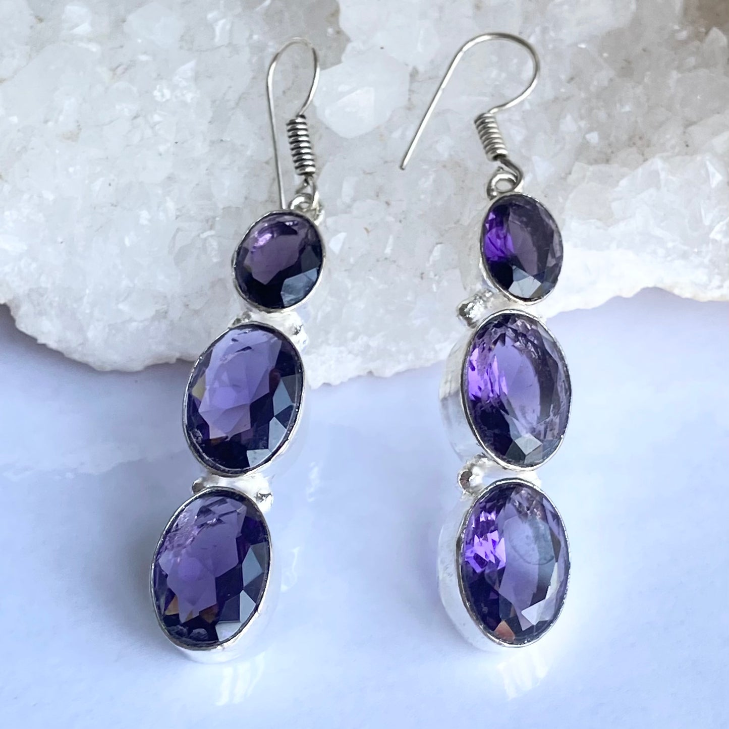 Purple Faceted Gemstone silver plated Earrings