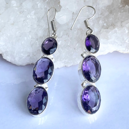 Purple Faceted Gemstone silver plated Earrings