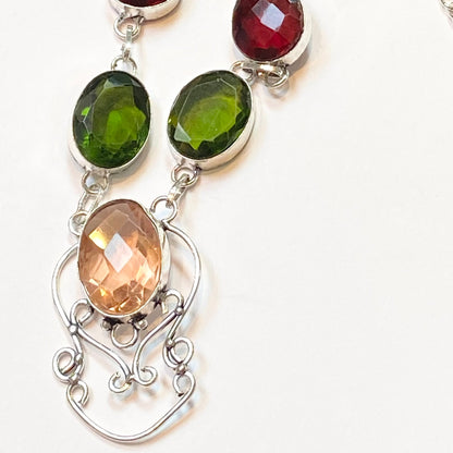 Quartz and Green Red Yellow Gemstone Necklace