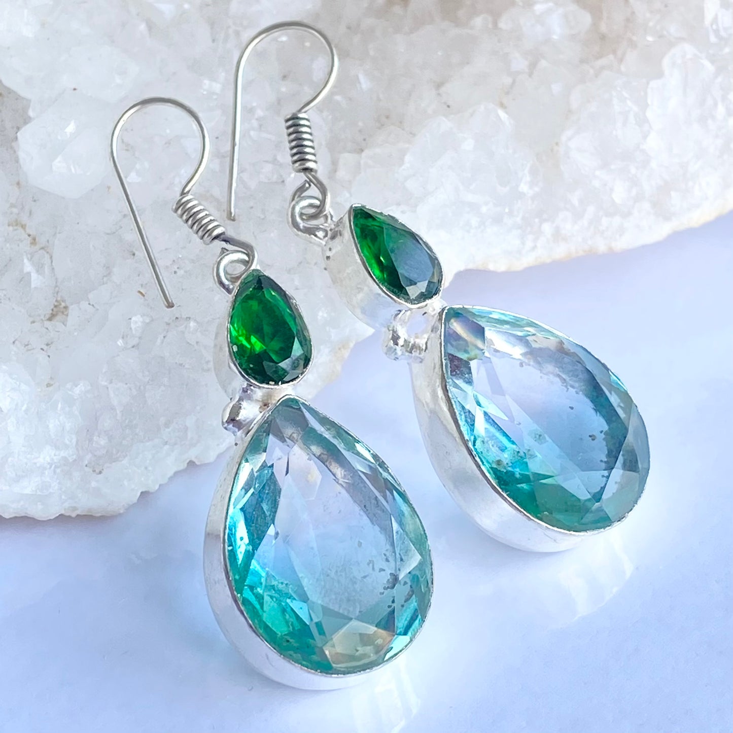 Pale Blue and Green Gemstone silver plated Earrings