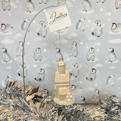 shimmering  champagne glass church Christmas ornament accented with sparkling glitter snow details