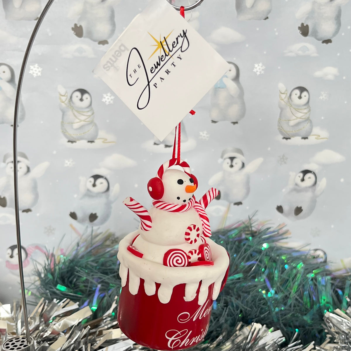 festive handmade claydough snowman hot chocolate mug Christmas tree decoration