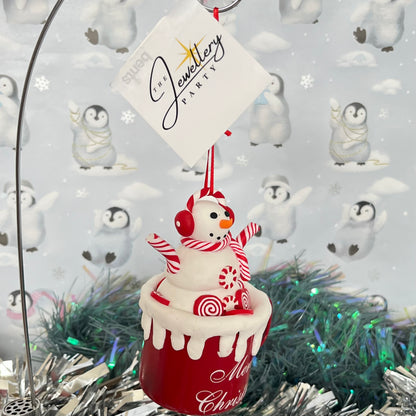 festive handmade claydough snowman hot chocolate mug Christmas tree decoration