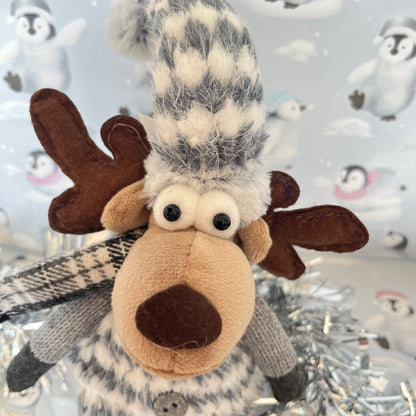 Plush Gray and white patterned Christmas Reindeer