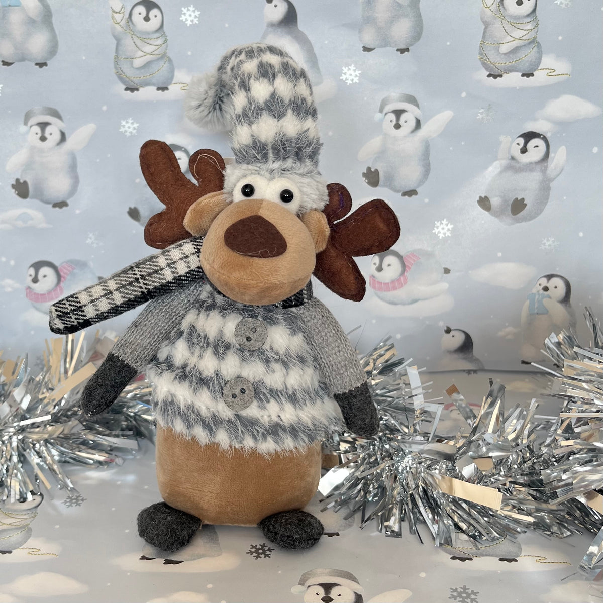 Plush Gray and white patterned Christmas Reindeer