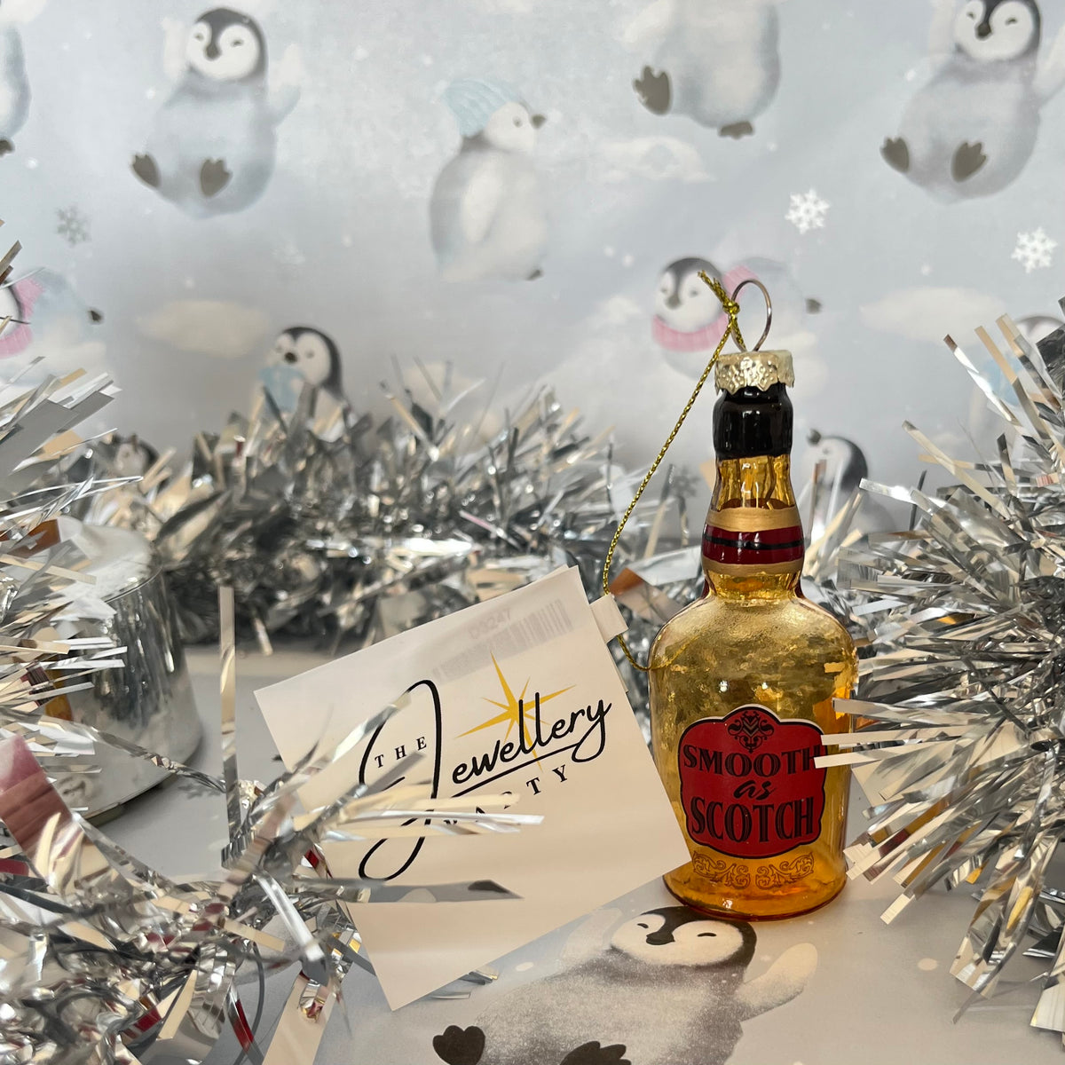 Kurt S. Adler "Smooth as Scotch" glass miniature bottle Christmas tree ornament