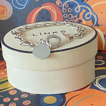 Sterling Silver Links of London Link Chain Bracelet, T Bar Clasp with a clear Disk ideal for engraving.