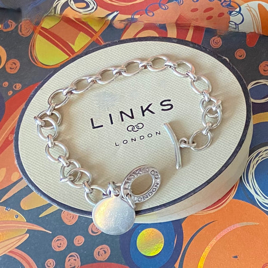 Sterling Silver Links of London Link Chain Bracelet, T Bar Clasp with a clear Disk ideal for engraving.