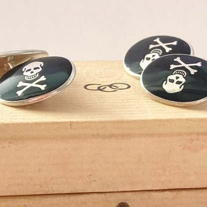 Sterling Silver Links of London Skull and Bones with black enamel Cufflinks