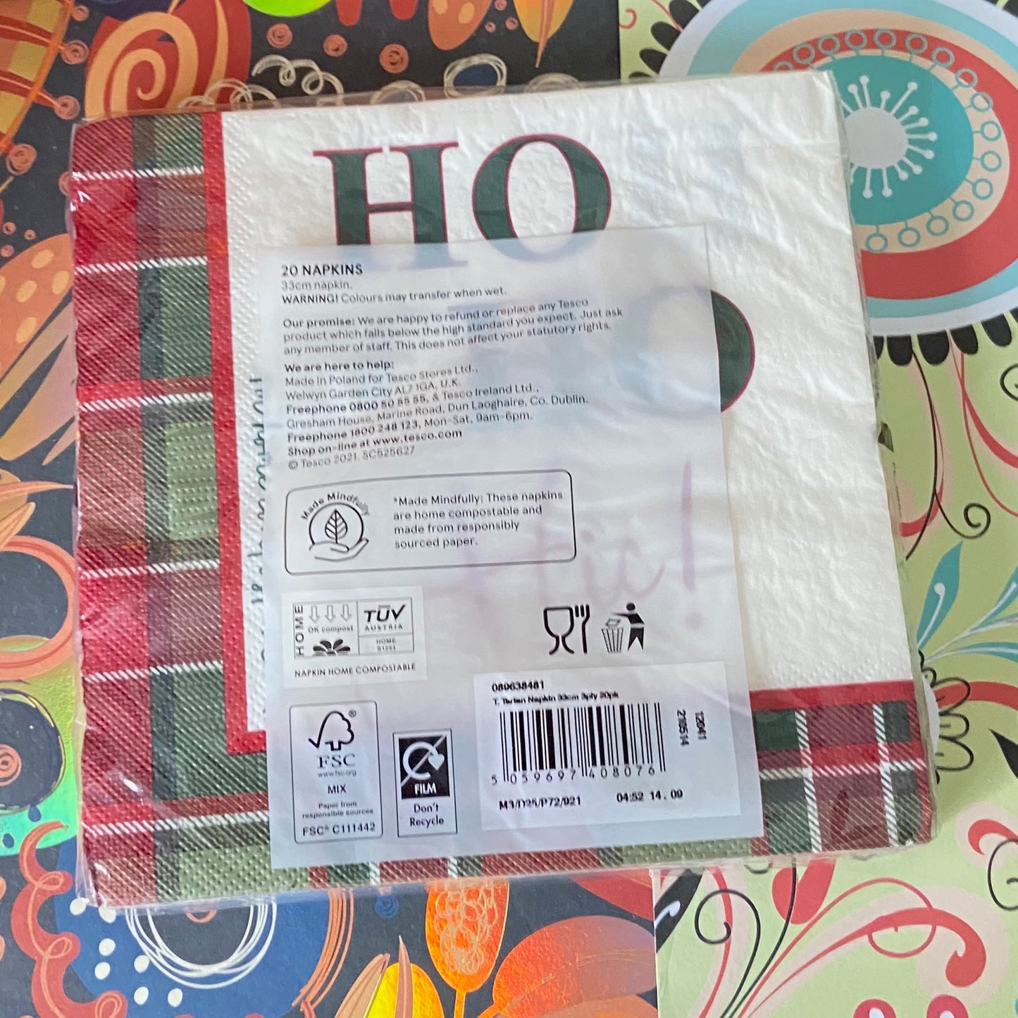 Ho Ho Themed Christmas Festive Napkins , Tartan design can be used for decoupage