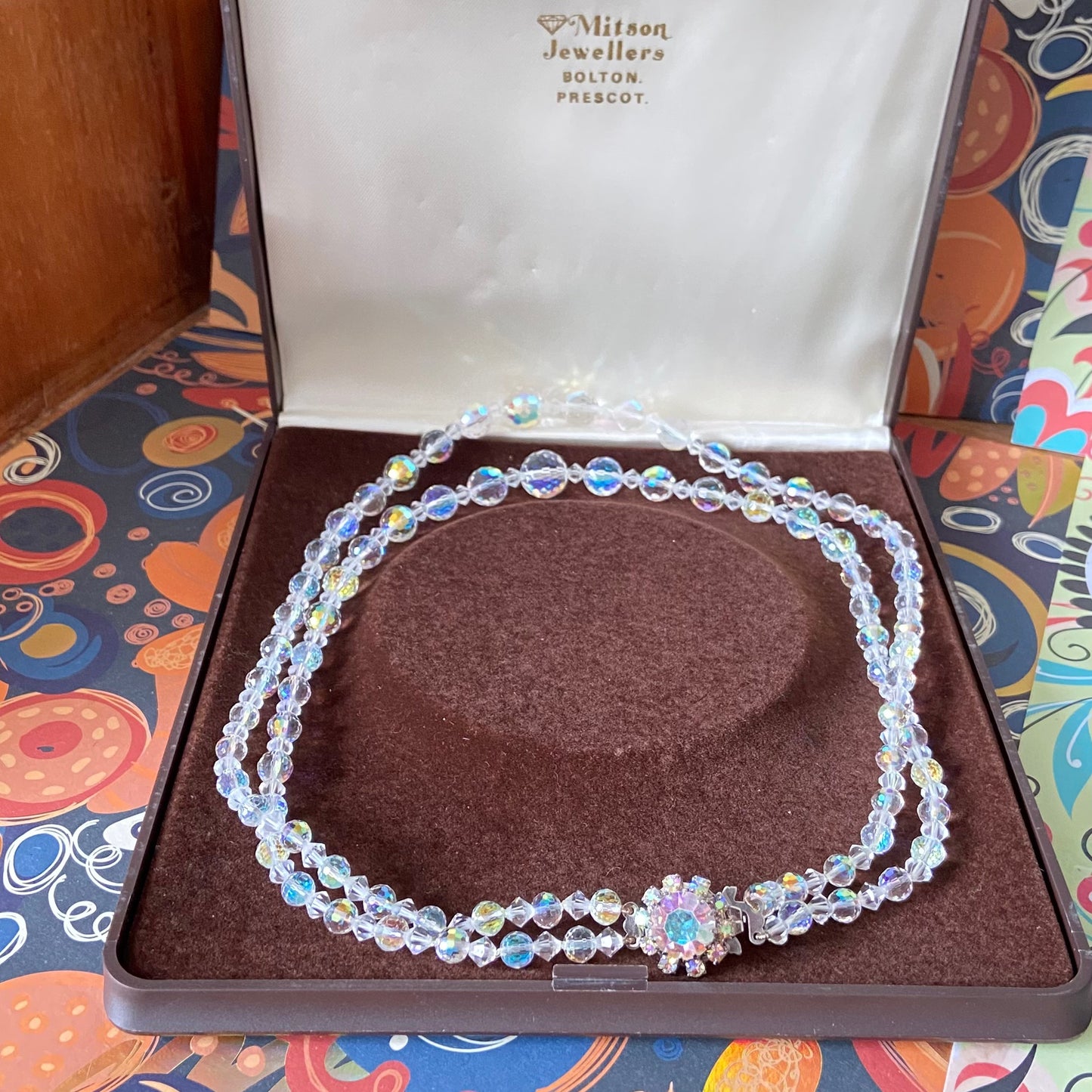 Absolutely Stunning two strand Rainbow and Iridescent Necklace with crystal stone clasp