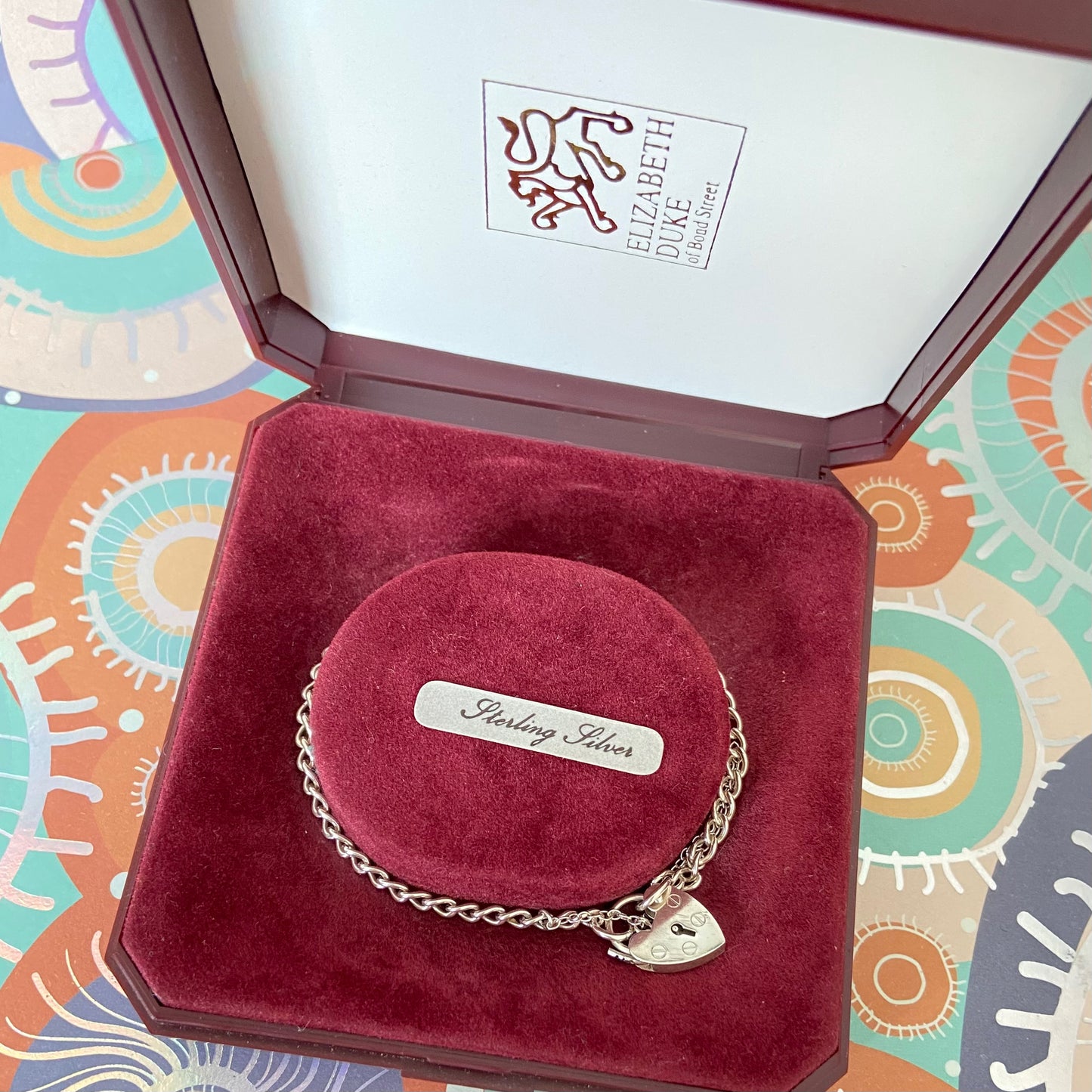 Vintage Sterling Silver Charm Bracelet with Heart Padlock -17cm