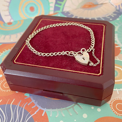Vintage Sterling Silver Charm Bracelet with Heart Padlock -17cm