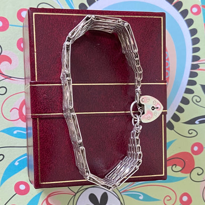 Sterling Silver 7 Gate Vintage Bracelet Stamped 925 with the Heart Lock Charm